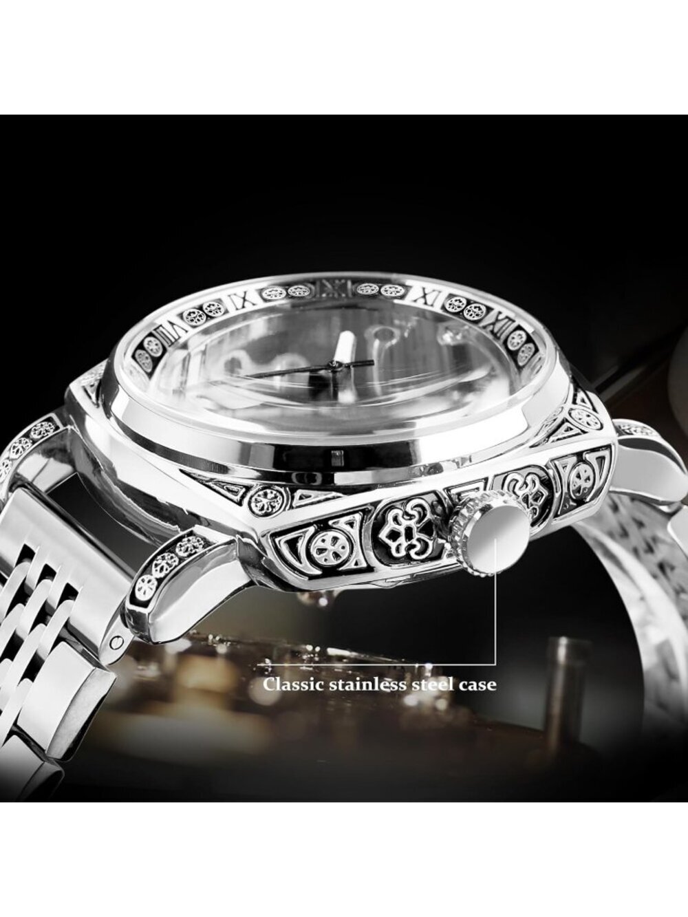 Men's Silver Square Mechanical Stainless Steel Self-Wind Carved Automatic Watch - Picture 3 of 7